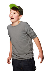 Image showing Fashion, wow and thinking with a young boy in studio isolated on a white background for style. Kids, idea and the wonder of youth with a surprised boy child looking amazed in a trendy clothes outfit
