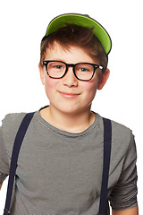 Image showing Portrait, fashion and glasses and a boy nerd in studio isolated on a white background for intelligent style. Kids, smile and eyewear with a confident young child geek in a casual clothing outfit