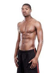 Image showing Man, fitness and standing for training, portrait and shirtless on white background, confident and game. Studio backdrop, fit and sportsman for exercise, health and african active athlete
