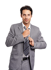 Image showing Business man, portrait and fixing tie in studio for corporate fashion, professional clothes and isolated on white background. Employee getting ready in suit for job interview with confidence in style