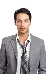 Image showing Portrait, serious and business man in studio isolated on a white background. Face, professional lawyer and attorney in suit, agent or disheveled consultant employee work on corporate career in Spain