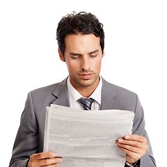 Image showing Business man, information and reading newspaper in studio, headlines and newsletter on current events. Businessperson, professional and knowledge or announcement on paper, update and white background