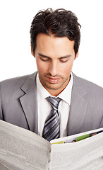 Image showing Business man, relaxing and reading newspaper in studio, headlines and information on current events. Businessperson, document and knowledge or announcement on paper, newsletter and white background