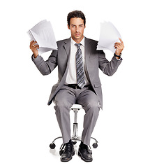 Image showing Portrait, frustrated and businessman with documents in a studio isolated by white background. Paperwork, professional and professional male accountant from Canada on a chair with stress and chaos.