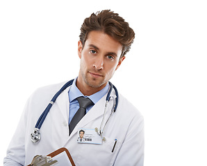 Image showing Medical, doctor or portrait in studio in pride or confident in healthcare career as surgeon in mockup. Specialist, face or man or medicine reputation in service, results or trust by white background