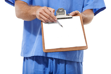 Image showing Doctor, man and hands in studio by clipboard and surgery checklist for healthcare administration. Surgeon, consulting and signature paper with mockup and life insurance in trust by white background