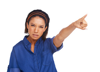 Image showing Studio portrait, serious problem or woman pointing at bad sale deal, commercial direction or service crisis. News advertisement, presentation or model fail risk, offer or discount on white background