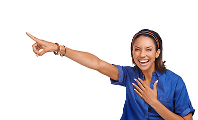 Image showing Studio portrait, excited and woman point at sales deal promotion, commercial or advertising choice. Mockup space, announcement and happy girl laughing, offer or discount direction on white background