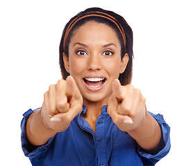 Image showing Studio portrait, excited and woman pointing at you, choice or happiness for promotion winner, selection or decide volunteer. Wow facial expression, encouragement and model face on white background