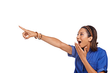 Image showing Studio woman, surprise and pointing gesture at sales deal promotion, commercial or advertising news. Mockup space, announcement and shocked person react to wow notification offer on white background