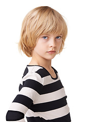 Image showing Fashion, youth and portrait of child in studio for trendy, girl student and casual style. Pride, cool and mockup with face of female person on white background for confidence, young and attitude