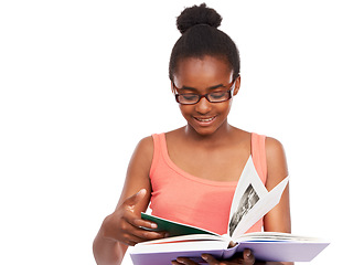 Image showing Thinking, black girl and reading a book with information, education and glasses isolated on a white studio background. African person, kid and model with eyewear, knowledge and activity with student