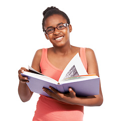 Image showing Portrait, smile and black girl with a book, knowledge and glasses isolated on white studio background. Face, African person or teenager with hobby, eyewear or cheerful with child, student or learning