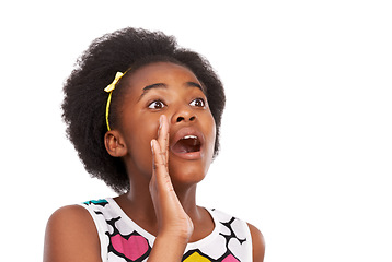Image showing Surprise, shouting and young black girl in studio with wow, wtf or omg facial expression for bad news. Scared, screaming and African teenager with shock and amazing face isolated by white background.