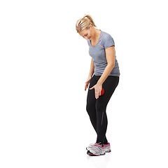 Image showing Massage ball, fitness woman and leg exercise for athlete, workout and sport training injury in studio. Health, stretching and physio equipment with female person and wellness with white background