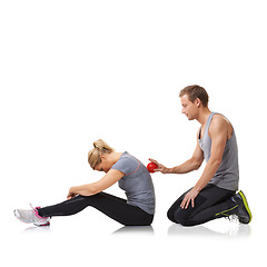 Image showing Massage ball, spine physiotherapy and woman in studio with sport, fitness and workout injury. Physical therapy, man and wellness with physio health and helping with white background and support