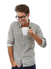 Image showing Man, coffee and happy in studio, fashion and glasses with laughing with ideas by white background. Geek guy, model and person with smile for tea cup, latte or espresso with thinking in trendy clothes
