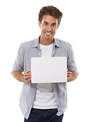 Image showing Portrait, smile and man on poster, sign and advertising on mockup space isolated on a white studio background. Face, happy person and show paper banner on sales promo, information or blank placard