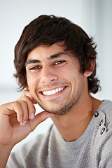 Image showing Smile, portrait and young man in the office with positive, good and confident attitude. Happy, creative career and face of professional male designer from Australia with pride in modern workplace.