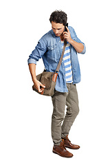 Image showing Man, phone call and conversation in studio, connection and technology by white background on app. Male person, smartphone and communication or network, speaking and internet for online discussion