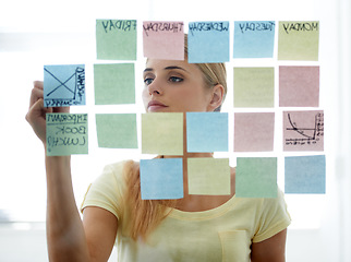 Image showing Woman, writing on sticky notes and glass wall with schedule, serious and planning. Copywriter, brainstorming and office job with calendar, workplace and moodboard for ideas, content plan and creative