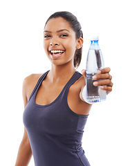 Image showing Happy woman, fitness and portrait with water bottle in studio for exercise, workout and wellness on white background. African athlete with drink for hydration, nutrition and healthy diet for energy