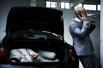 Image showing Phone call, car and gangster with hostage in trunk for negotiation, kidnapping danger and crime. Mafia, ransom criminal and business person in boot for abduction, money and terrorism in parking lot