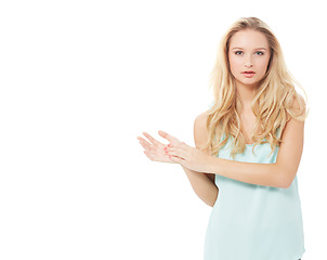 Image showing Mockup, confidence and portrait of woman on a white background with cosmetics, pride and attitude. Fashion, beauty and face of isolated person in trendy clothes, modern style and outfit in studio