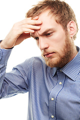 Image showing Business, man and headache with stress, employee and worker isolated on white studio background. Person, consultant and entrepreneur with a migraine, depression and professional with anxiety or doubt