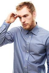 Image showing Business, man and headache with stress, anxiety and worker isolated on white studio background. Person, consultant and entrepreneur with a migraine, depression and professional with doubt or confused