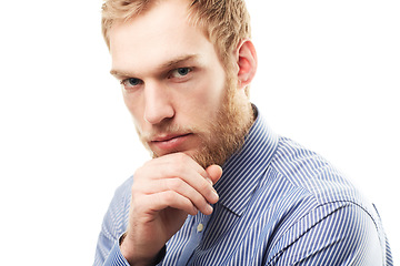 Image showing Thinking, white background and portrait of business man with ideas, brainstorming and thoughtful. Professional, problem solving and face of person with hand on chin for career, job and work in studio