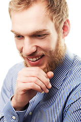 Image showing Thinking, white background and face of happy businessman with ideas, brainstorming and thoughtful. Professional, work and person with hand on chin for solution, problem solving and planning in studio