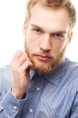 Image showing Business, portrait and man in studio thinking, curious and unsure or concerned on white background. Face, questions and young male entrepreneur with puzzled expression, gesture and body language