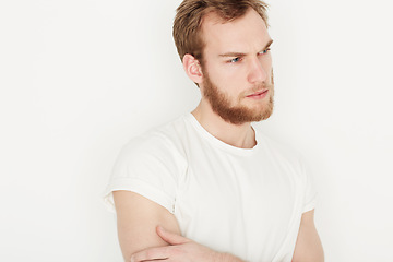 Image showing Thinking, fashion and man on a white background for thoughtful, contemplation and wondering. Studio, problem solving and isolated person in trendy clothes, style and outfit with choice or decision