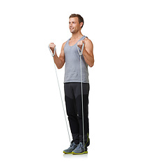 Image showing Fitness, man and resistance band to workout in studio, gym and weight training for strong muscles. Sports person, exercise and commitment with gym equipment in mockup and cardio on white background