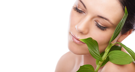 Image showing Skincare, leaf and woman in studio for makeup, wellness and eco friendly cosmetics on white background. Plant, mockup and face of beauty model with natural dermatology, treatment or skin detox shine