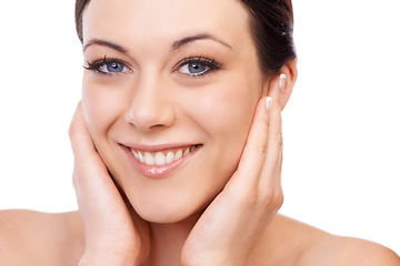 Image showing Woman, skincare and hands in studio portrait with smile, natural change and wellness by white background. Girl, model or person with beauty, facial skin transformation and happy for cosmetic results