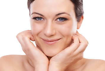 Image showing Woman, facial skincare and studio portrait with smile, natural change or wellness by white background. Girl, model or person with beauty, skin transformation and happy with hands for cosmetic results