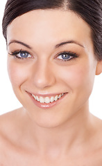 Image showing Makeup, portrait and happy woman in studio for cosmetic care, wellness and shine closeup. Beauty, face and female model smile with glow, dermatology or skin treatment, pamper and soft glam results