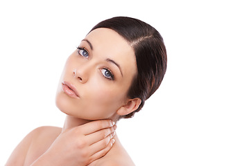 Image showing Woman, face and beauty in skincare cosmetics, makeup or elegance against a white studio background. Portrait of young female person or model posing in satisfaction for soft skin on mockup space