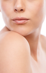 Image showing Woman, lips and skincare for cosmetics, beauty or makeup isolated against a white studio background. Closeup of female person, shoulder or skin in care for dermatology, hygiene or spa treatment