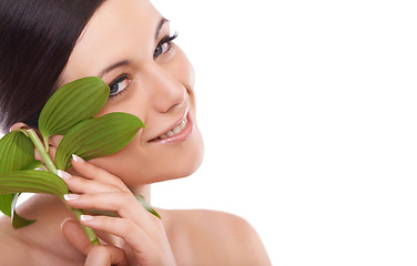 Image showing Skincare, leaf and portrait of woman in studio for makeup, wellness and eco friendly cosmetics on white background. Plant, beauty or model face with natural dermatology, treatment or skin detox shine