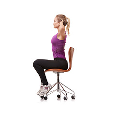 Image showing Office, chair and woman stretching for posture, health and fitness in white background or studio. Sitting, exercise and person training arms with seated core stretches or practice for wellness