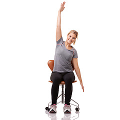 Image showing Office, chair and woman stretching in portrait for posture, health and fitness in white background or studio. Sitting, exercise and person training with seated arm stretches or practice for wellness
