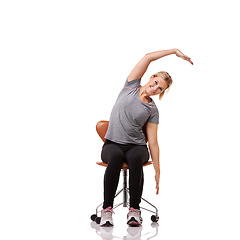 Image showing Office, chair and portrait of woman stretching for posture, health and fitness in white background or studio. Sitting, exercise and person training with seated arm stretches or practice for wellness