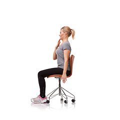 Image showing Office, chair and woman stretching neck for posture, health and fitness in white background or studio. Sitting, exercise and person training with seated chin stretches or practice for wellness