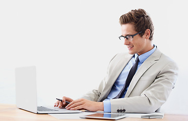 Image showing Business man, working on computer or planning for stock market research, trading solution or software management. Professional person or trader reading in glasses and vision for finance on his laptop