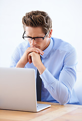 Image showing Business man, laptop and thinking of research in stock market, trading solution and choice or decision. Professional person or trader in reading glasses, vision and financial planning on his computer