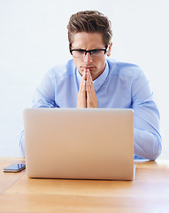 Image showing Business man, strategy and thinking on computer for research, hope or faith with investment decision. Professional analyst or trader in reading glasses, problem solving or trading solution on laptop
