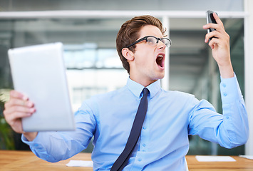 Image showing Businessman, screaming and anger on phone call, stress and bad news or mistake and fail in workplace. Professional, male person and shouting at smartphone for debt, tablet and technology for crisis